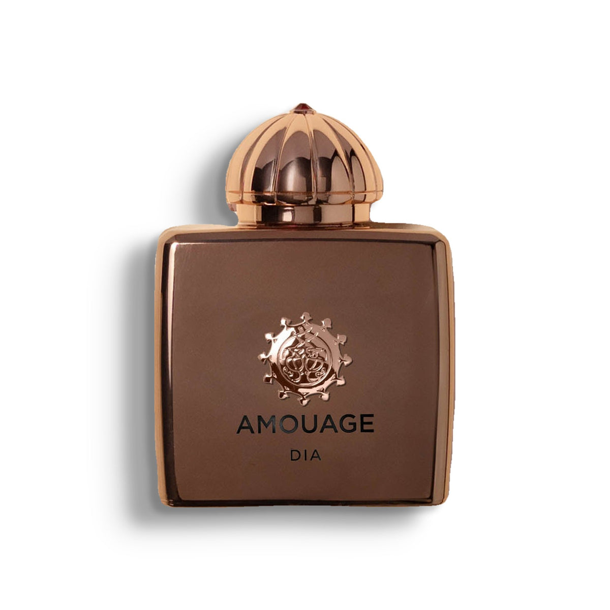 AMOUAGE DIA WOMAN single perfume bottle on pure white with a soft left-down tabletop shadow