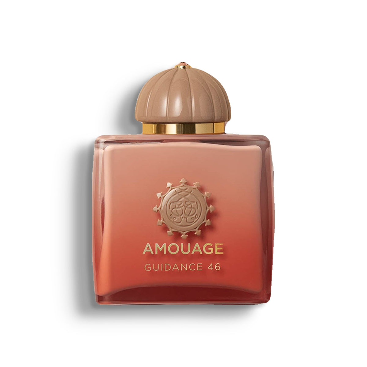 AMOUAGE GUIDANCE 46 single perfume bottle on pure white with a soft left-down tabletop shadow