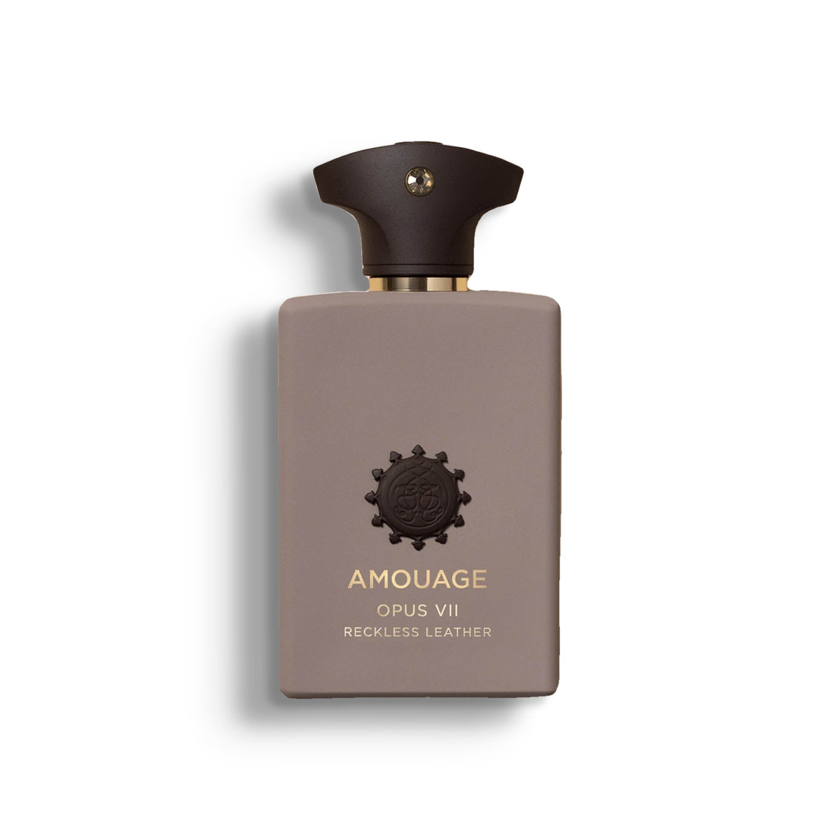 AMOUAGE OPUS VII RECKLESS LEATHER single perfume bottle on pure white with a soft left-down tabletop shadow