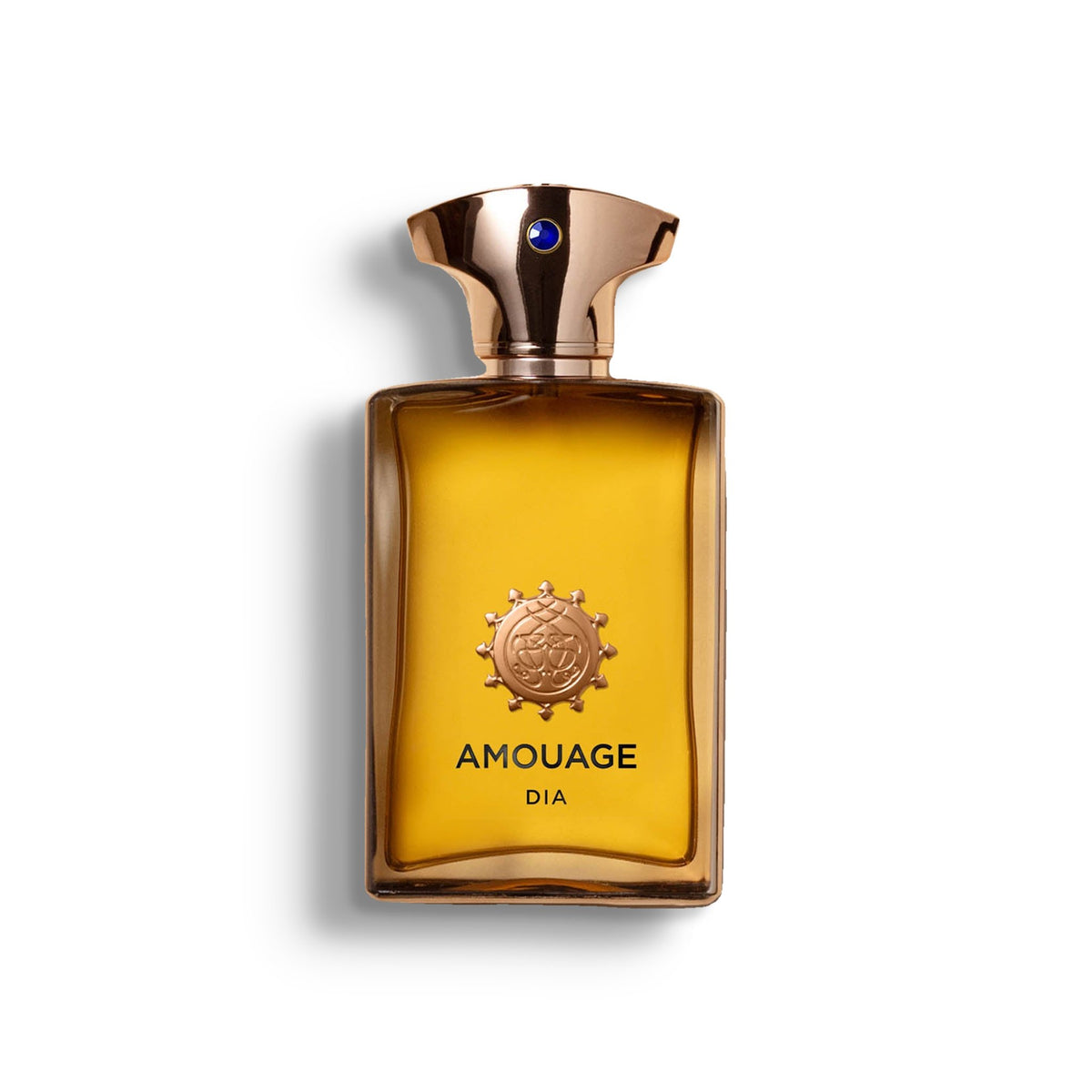 AMOUAGE DIA MAN single perfume bottle on pure white with a soft left-down tabletop shadow