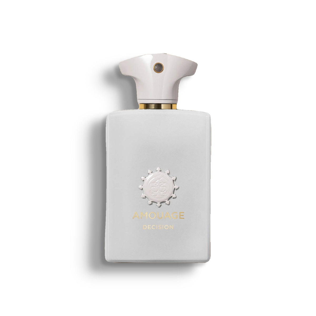 AMOUAGE DECISION single perfume bottle on pure white with a soft left-down tabletop shadow