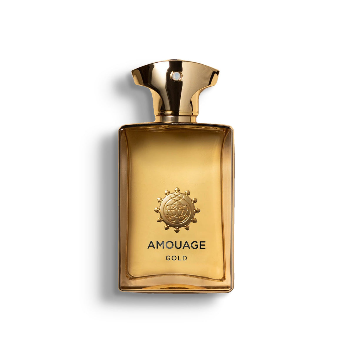 AMOUAGE GOLD MAN single perfume bottle on pure white with a soft left-down tabletop shadow
