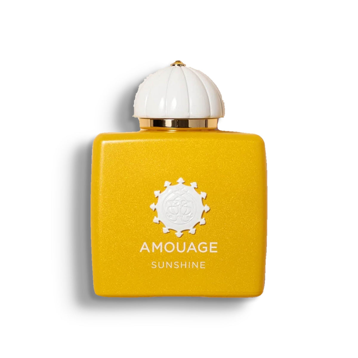 AMOUAGE SUNSHINE WOMAN single perfume bottle on pure white with a soft left-down tabletop shadow