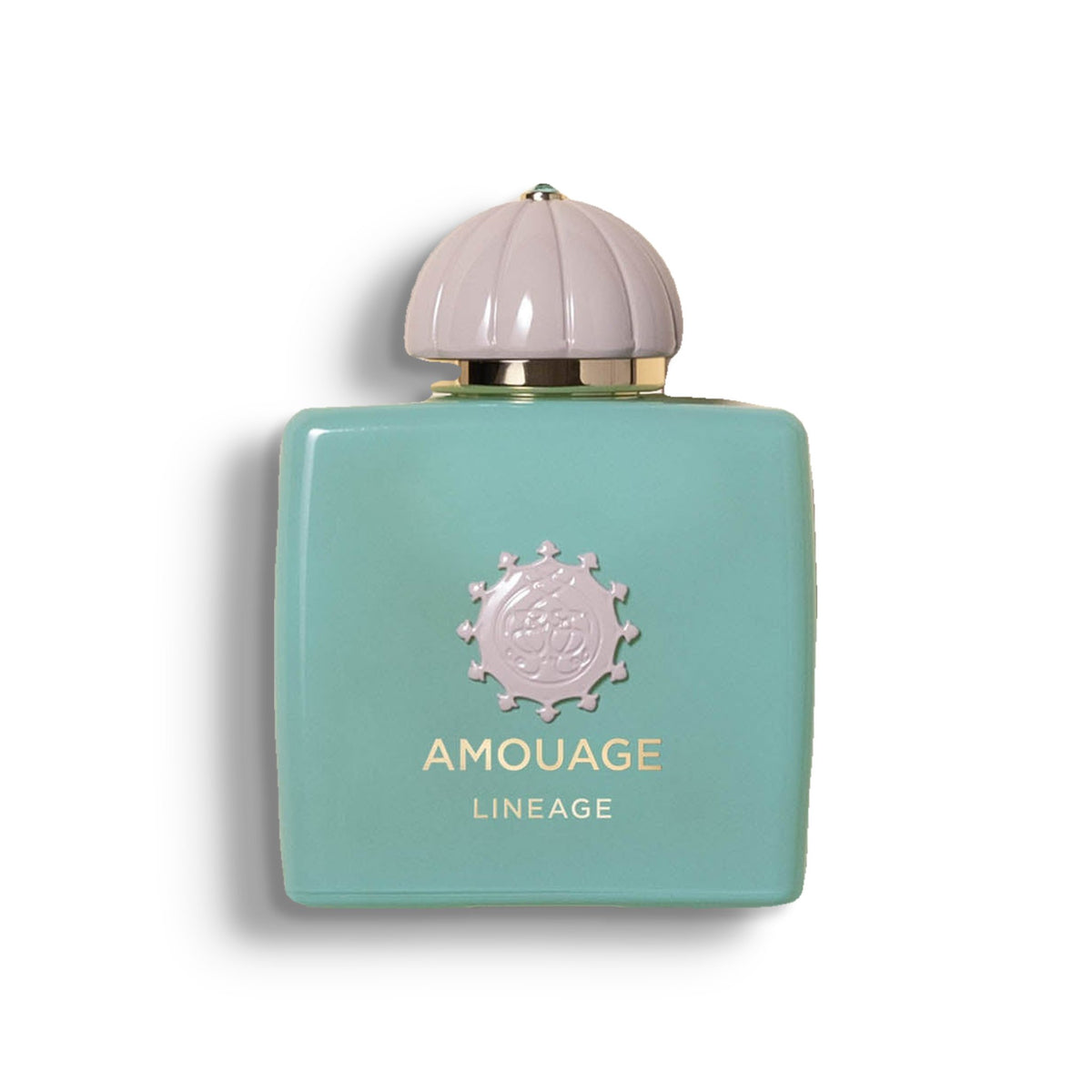 AMOUAGE LINEAGE single perfume bottle on pure white with a soft left-down tabletop shadow