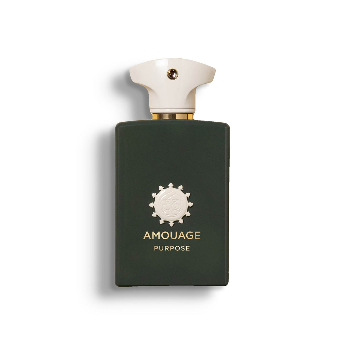 AMOUAGE PURPOSE single perfume bottle on pure white with a soft left-down tabletop shadow