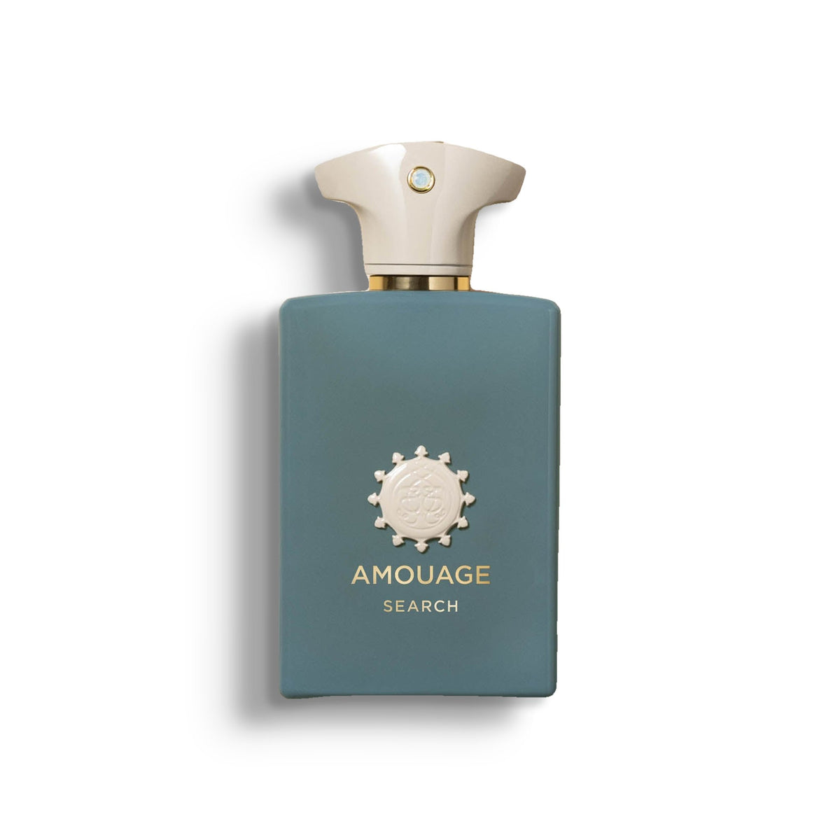 AMOUAGE SEARCH single perfume bottle on pure white with a soft left-down tabletop shadow