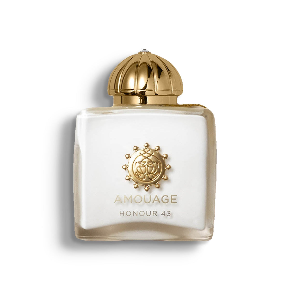 AMOUAGE HONOUR 43 single perfume bottle on pure white with a soft left-down tabletop shadow