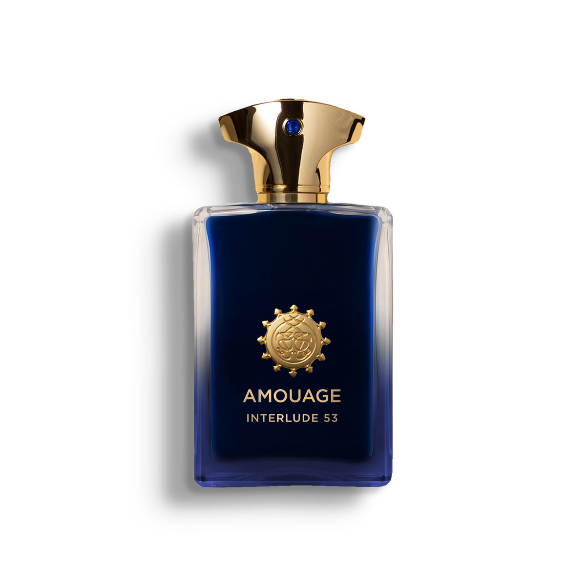 AMOUAGE INTERLUDE 53 MAN single perfume bottle on pure white with a soft left-down tabletop shadow