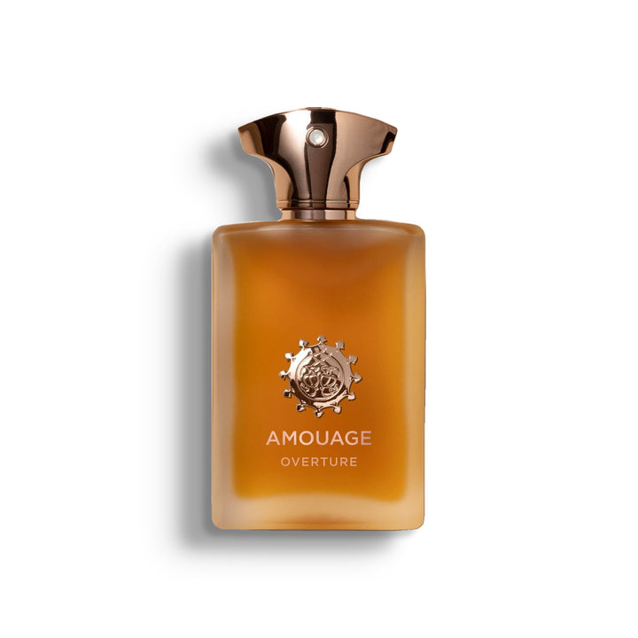 AMOUAGE OVERTURE MAN single perfume bottle on pure white with a soft left-down tabletop shadow