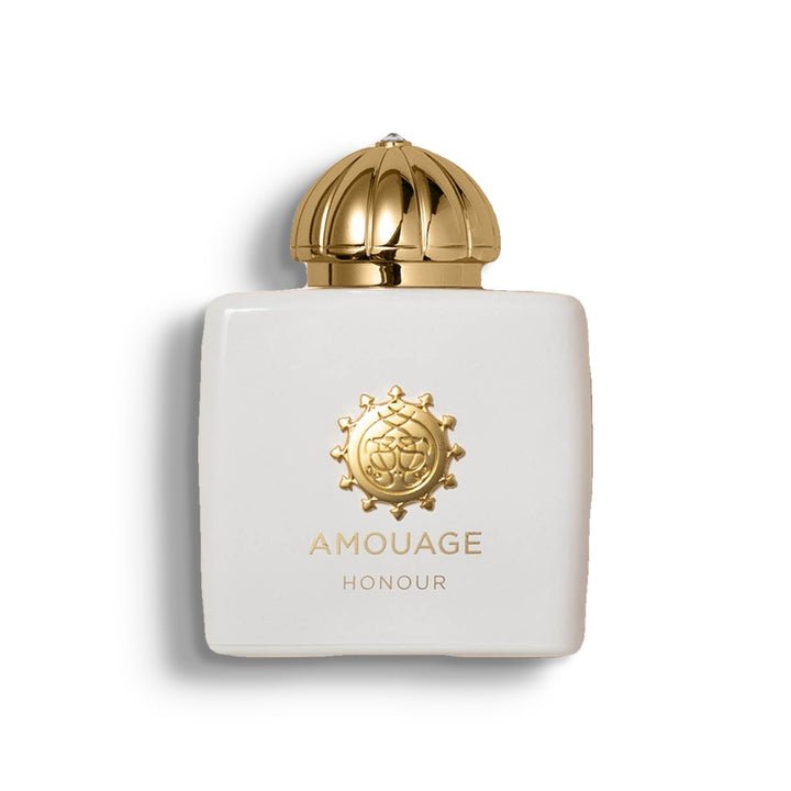 AMOUAGE HONOUR FOR WOMAN EDP single perfume bottle on pure white with a soft left-down tabletop shadow