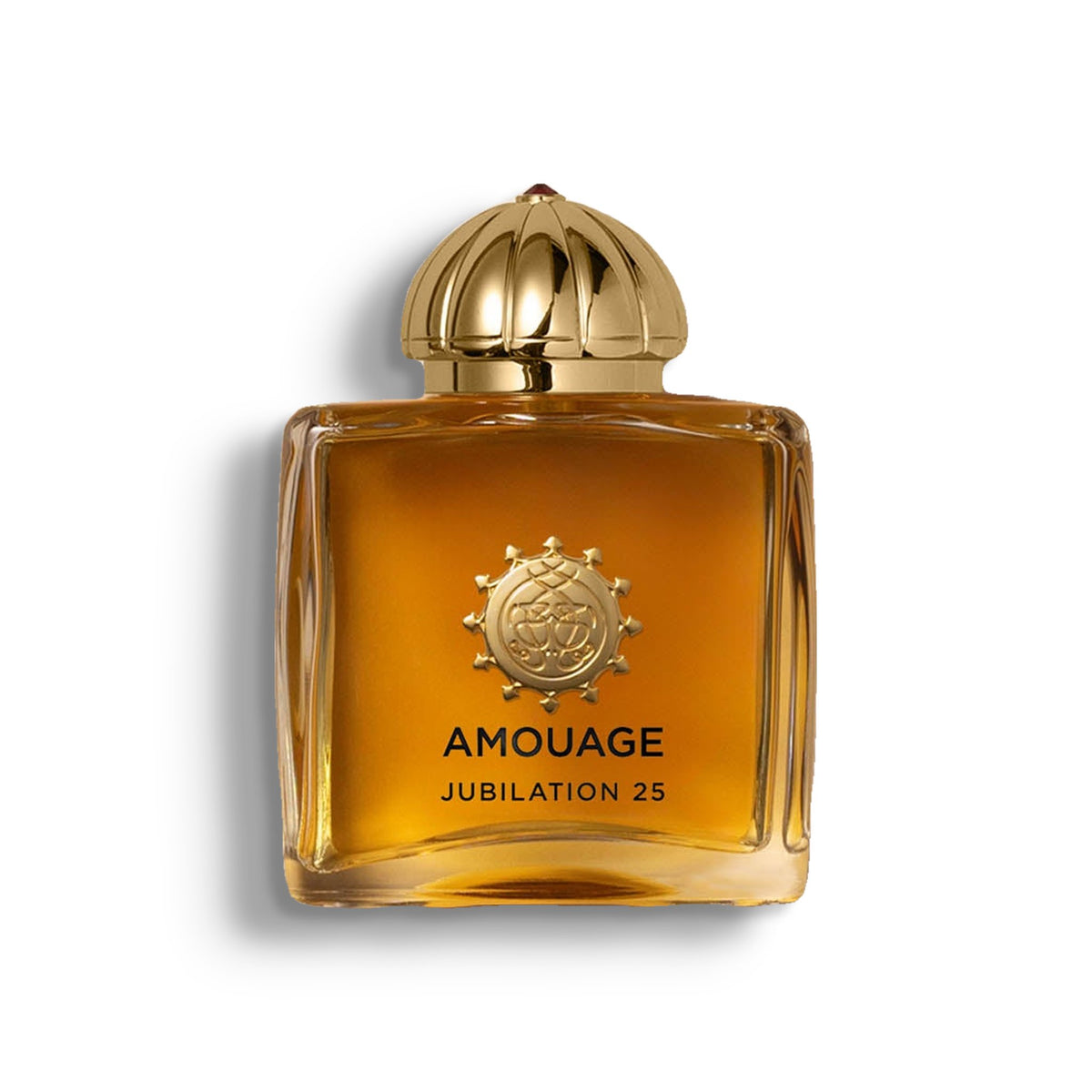 AMOUAGE JUBILATION 25 WOMAN single perfume bottle on pure white with a soft left-down tabletop shadow