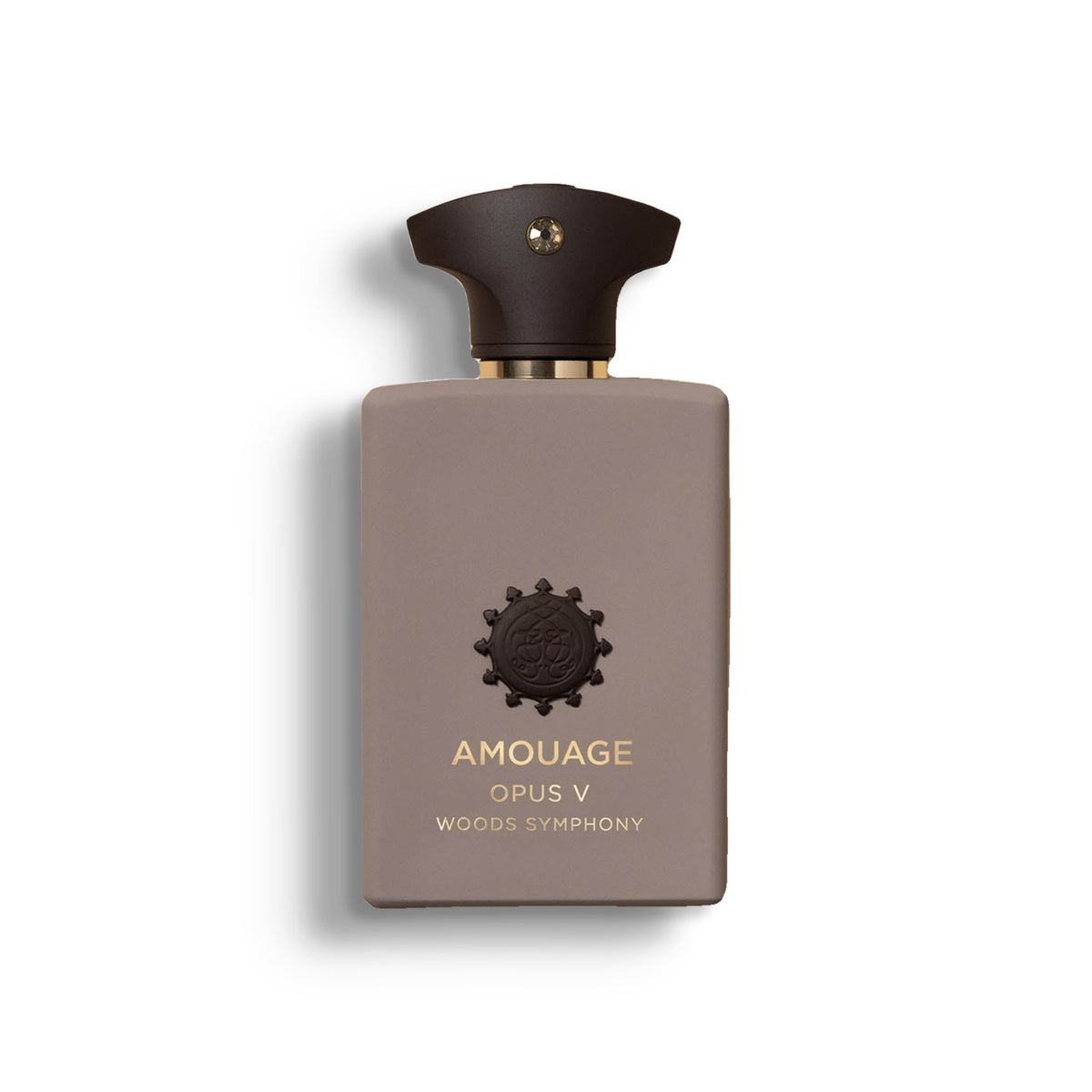 AMOUAGE OPUS V WOODS SYMPHONY single perfume bottle on pure white with a soft left-down tabletop shadow