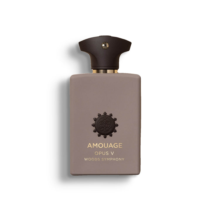 AMOUAGE OPUS V WOODS SYMPHONY single perfume bottle on pure white with a soft left-down tabletop shadow