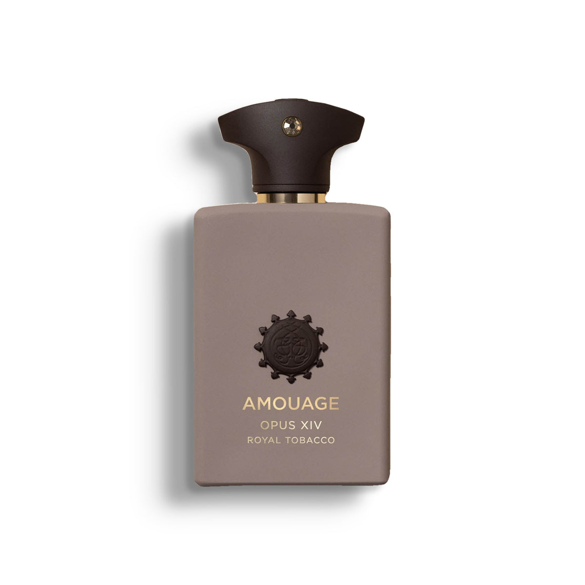 AMOUAGE OPUS XIV ROYAL TOBACCO single perfume bottle on pure white with a soft left-down tabletop shadow