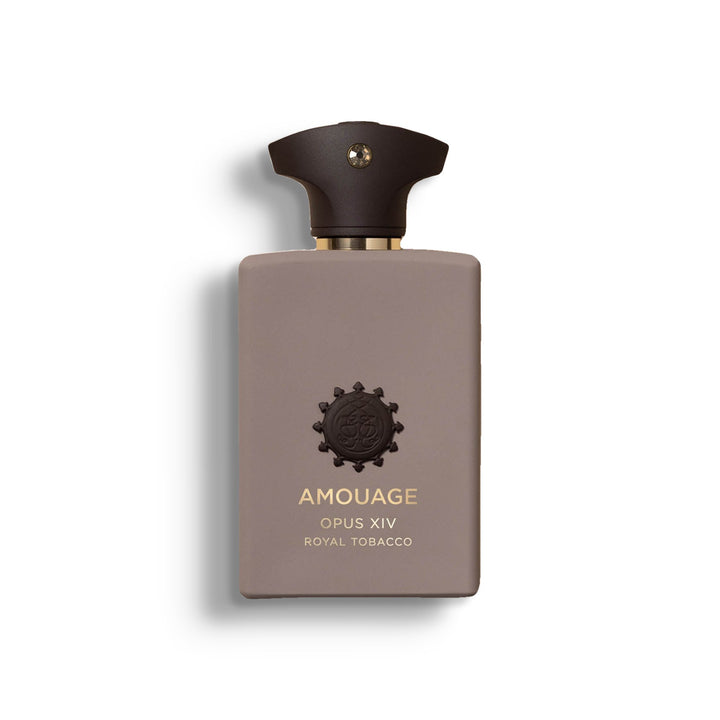 AMOUAGE OPUS XIV ROYAL TOBACCO single perfume bottle on pure white with a soft left-down tabletop shadow