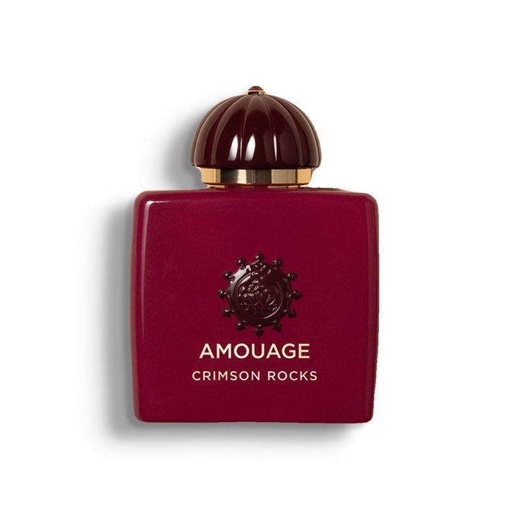 AMOUAGE CRIMSON ROCKS single perfume bottle on pure white with a soft left-down tabletop shadow