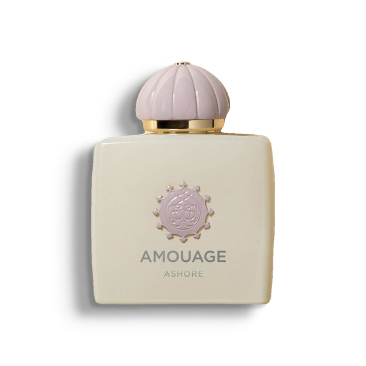 AMOUAGE ASHORE single perfume bottle on pure white with a soft left-down tabletop shadow