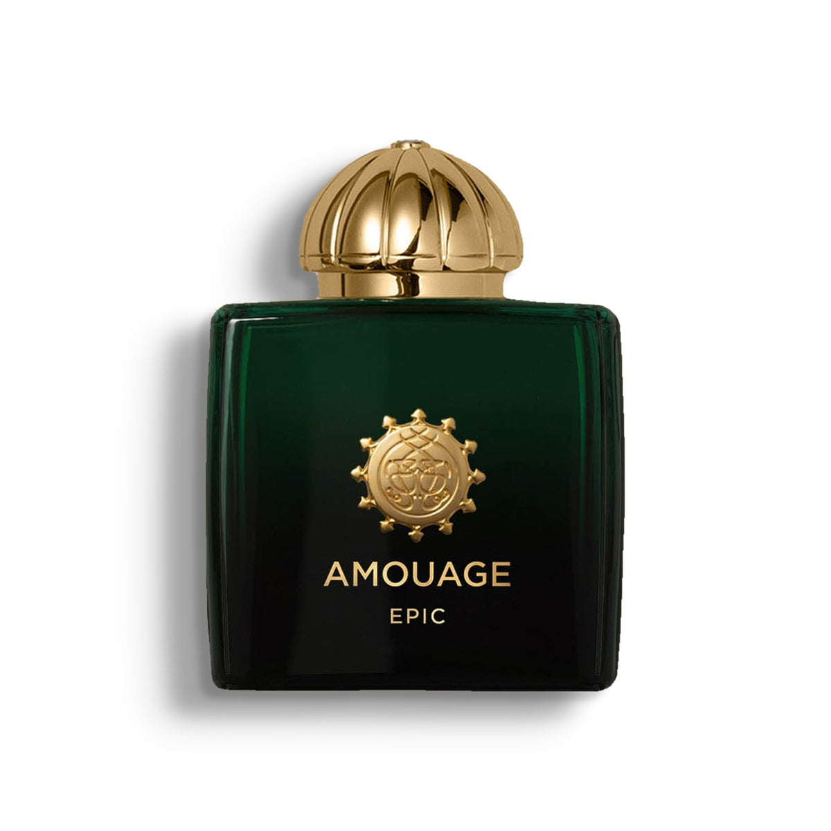 AMOUAGE EPIC WOMAN single perfume bottle on pure white with a soft left-down tabletop shadow