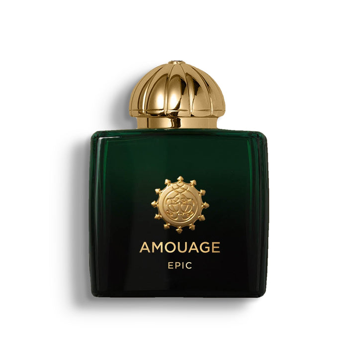 AMOUAGE EPIC WOMAN single perfume bottle on pure white with a soft left-down tabletop shadow