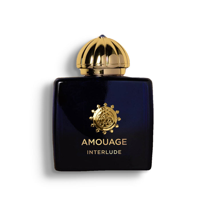 AMOUAGE INTERLUDR WOMAN single perfume bottle on pure white with a soft left-down tabletop shadow