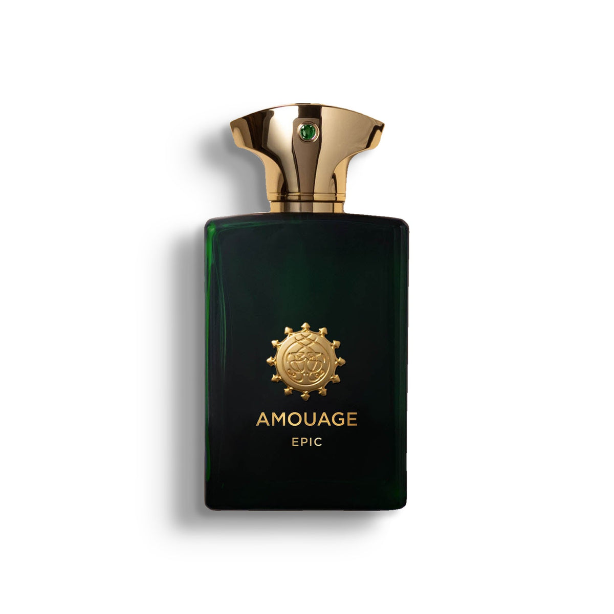 AMOUAGE EPIC single perfume bottle on pure white with a soft left-down tabletop shadow