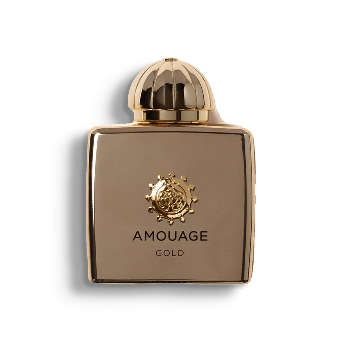 AMOUAGE GOLD WOMAN single perfume bottle on pure white with a soft left-down tabletop shadow