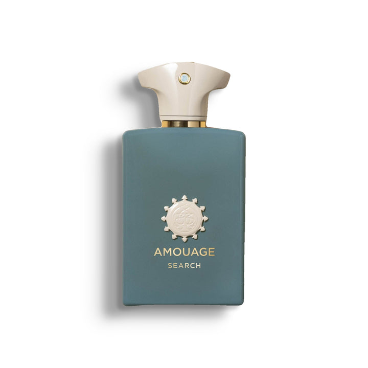 AMOUAGE SEARCH single perfume bottle on pure white with a soft left-down tabletop shadow
