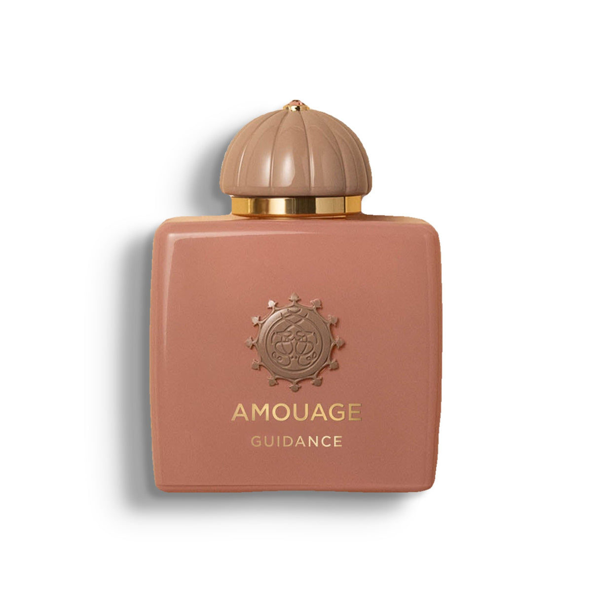 AMOUAGE GUIDANCE single perfume bottle on pure white with a soft left-down tabletop shadow