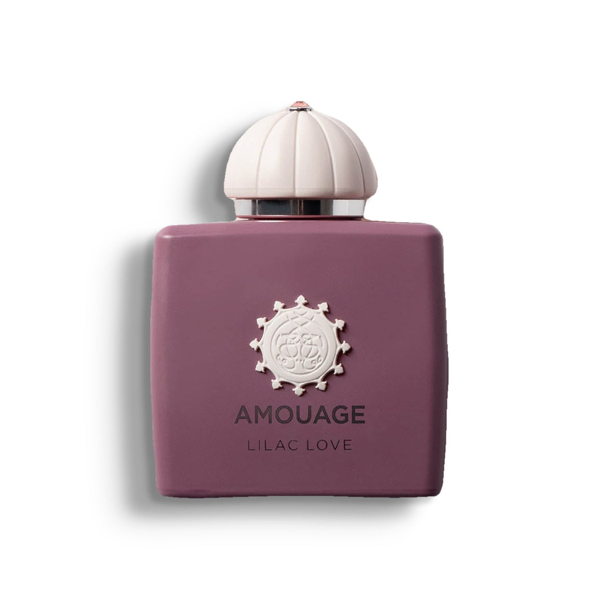 AMOUAGE LILAC LOVE WOMAN single perfume bottle on pure white with a soft left-down tabletop shadow