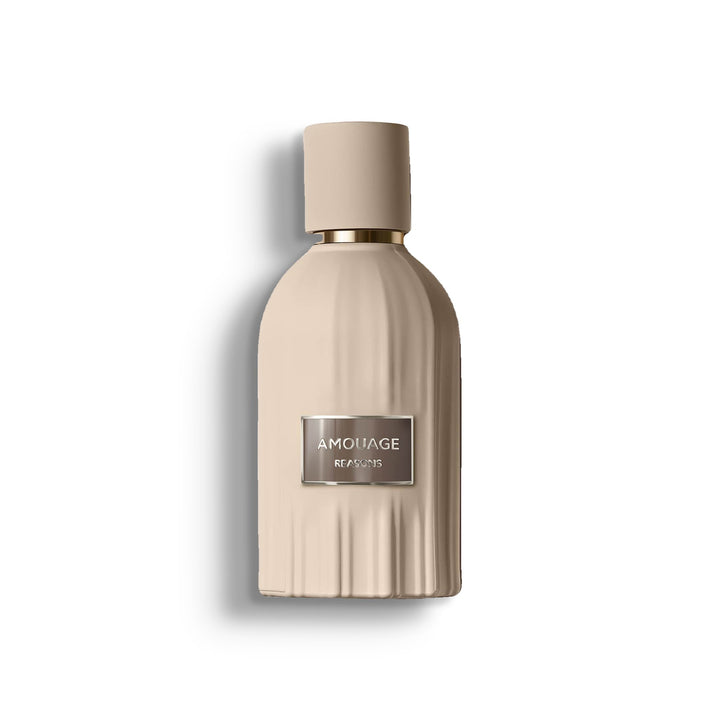 AMOUAGE REASONS single perfume bottle on pure white with a soft left-down tabletop shadow