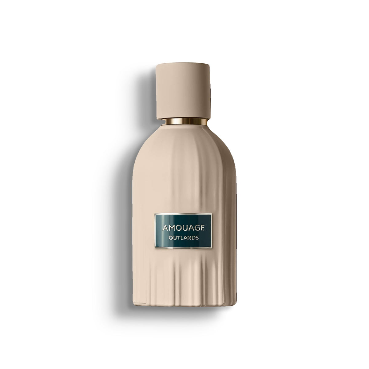 AMOUAGE OUTLANDS single perfume bottle on pure white with a soft left-down tabletop shadow