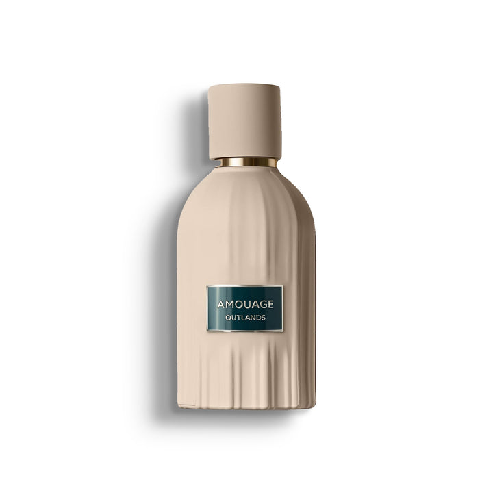 AMOUAGE OUTLANDS single perfume bottle on pure white with a soft left-down tabletop shadow
