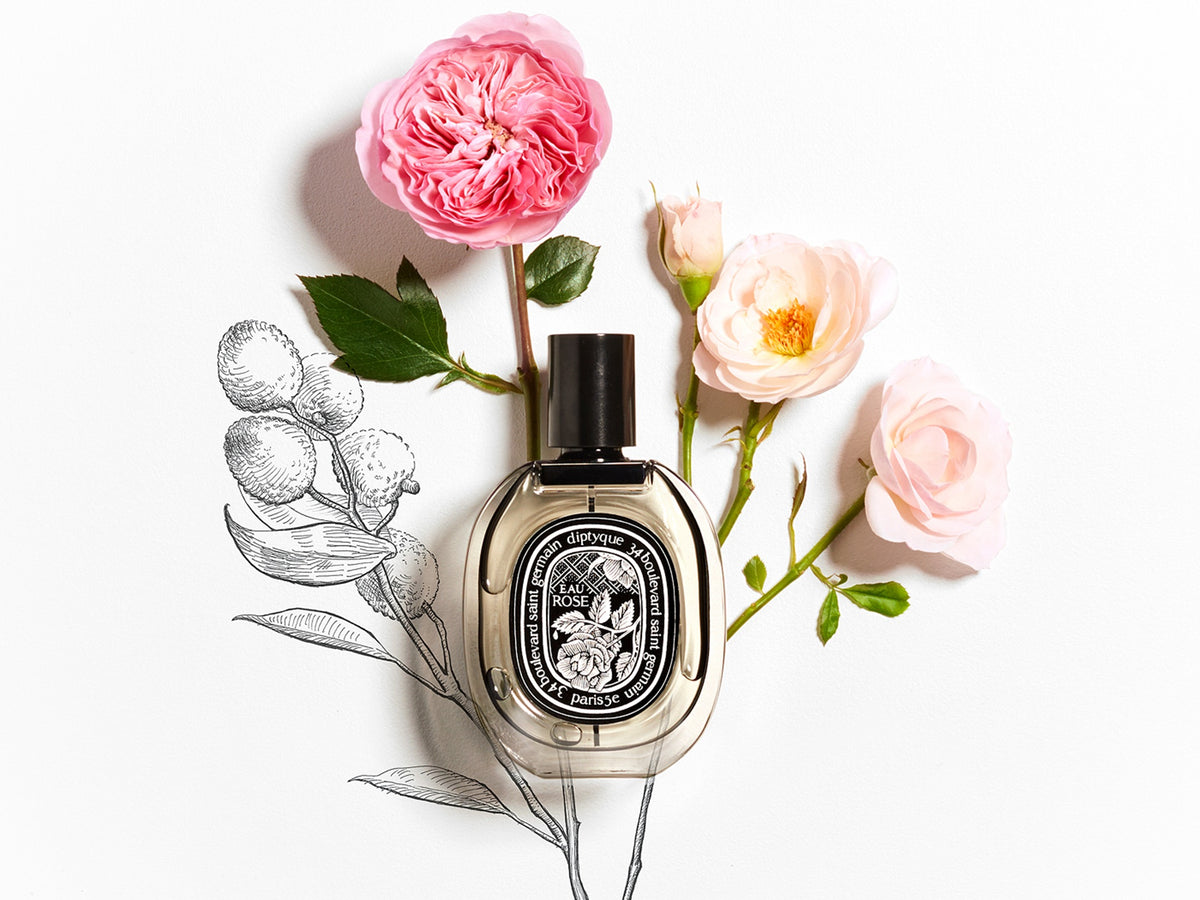 Diptyque Eau Rose editorial fragrance background